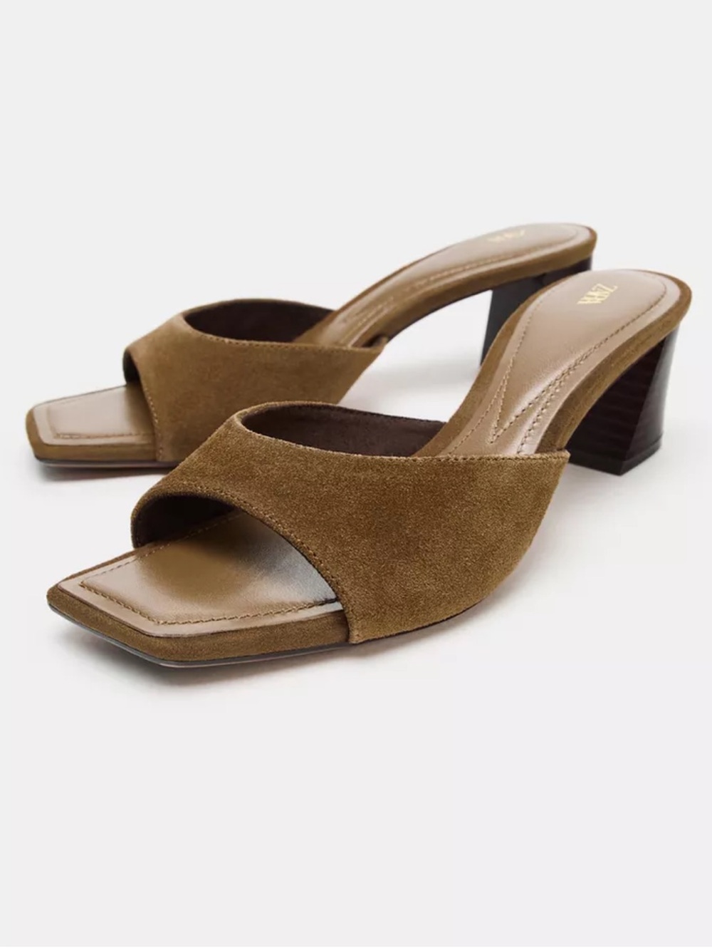 ZARA Brown Suede Leather Mule Sandals Block Heel Square Toe Size 10 / EU 41